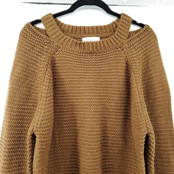 Hayden LA Oversized Boho Mustard Crew Neck Sweater Tunic Shoulder Cut Out  M/L - Picture 2 of 10